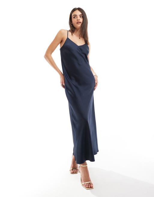 Selected Femme - Satijnen slipdress in marineblauw 