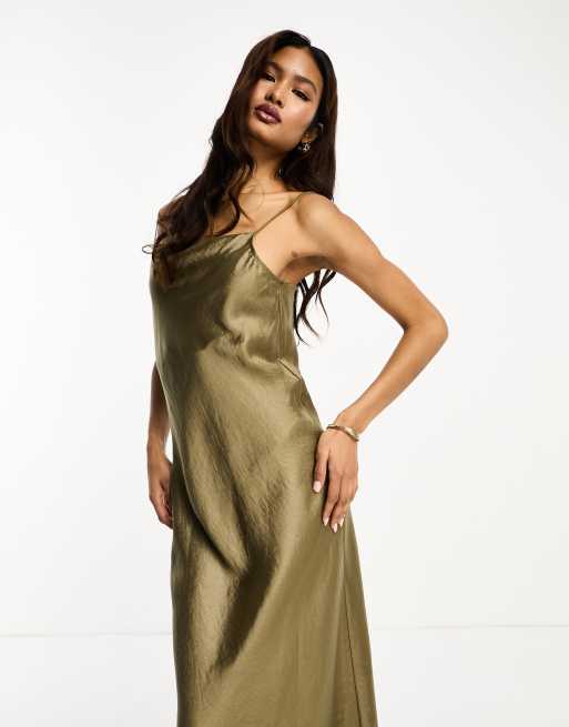 Selected Femme satin slip dress in gold ASOS