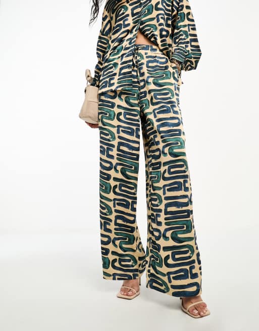 Selected Femme satin trouser co-ord in neutral and teal abstract print