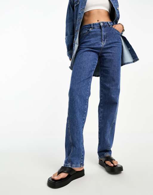 Mango seam detail straight leg jeans in mid blue