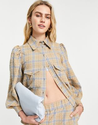 Selected Femme seersucker shirt co-ord in beige and blue check