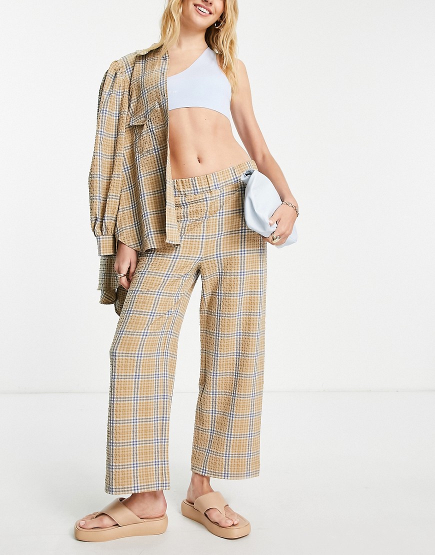 Selected Femme seersucker wide leg trouser co-ord in beige and blue check-Neutral