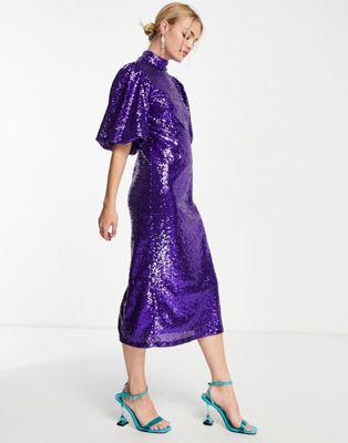 Selected Femme sequin midi dress in purple