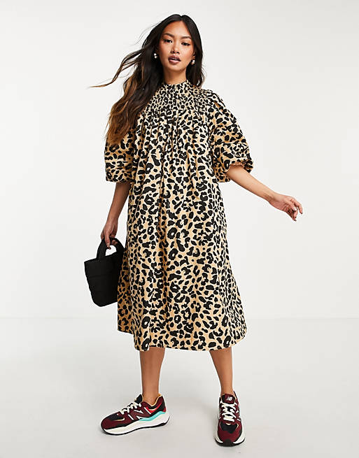 Selected Femme shirred midi dress with volume sleeve in leopard