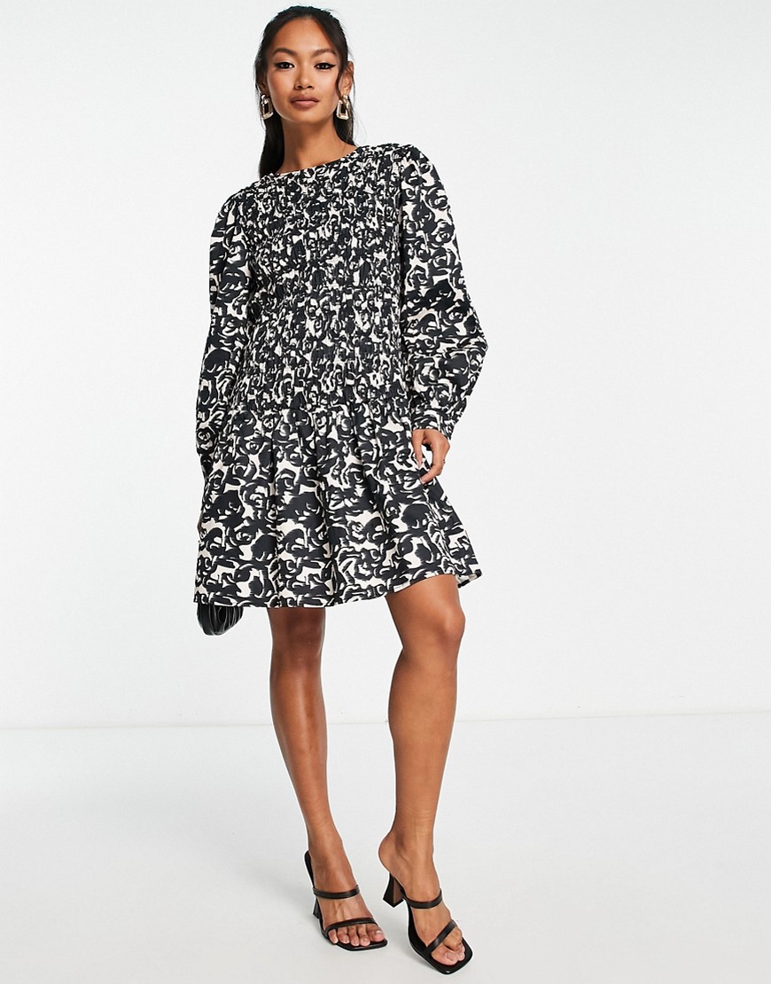 Selected Femme shirred mini dress in mono floral-Navy