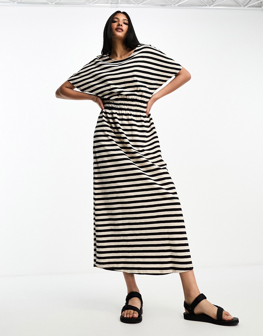 Femme shirred waist T-shirt maxi dress in bold mono stripe-Multi