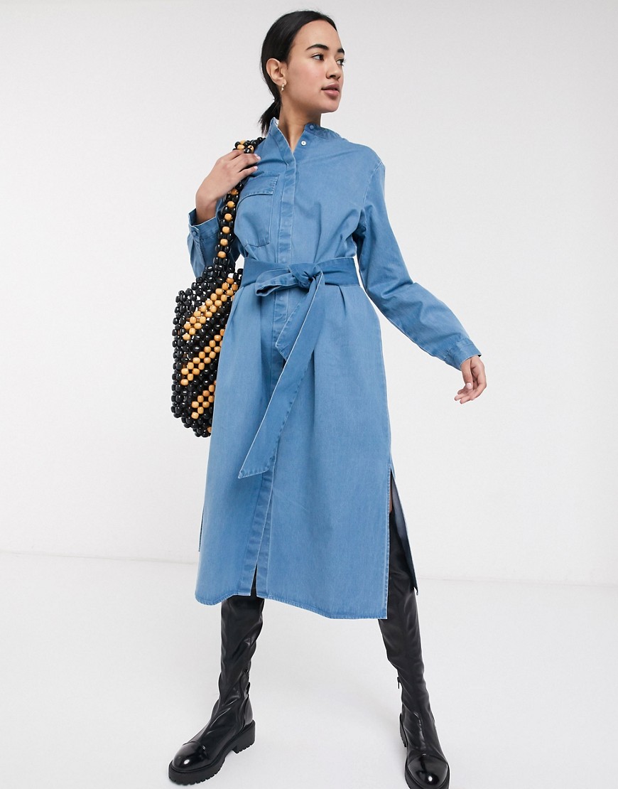 Selected Femme - Skjortekjole i denim med bindebånd i taljen-Blå