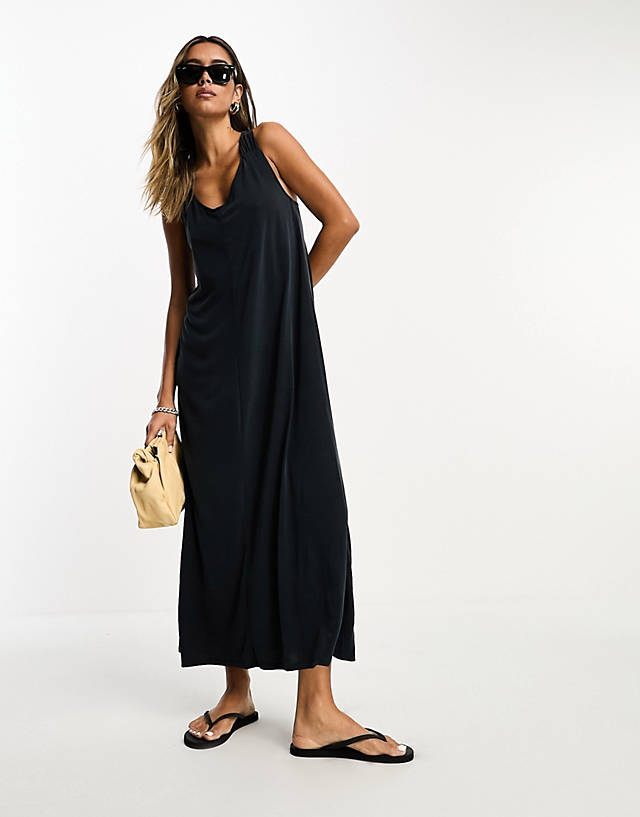 Selected - femme slinky knot back cami maxi dress in black