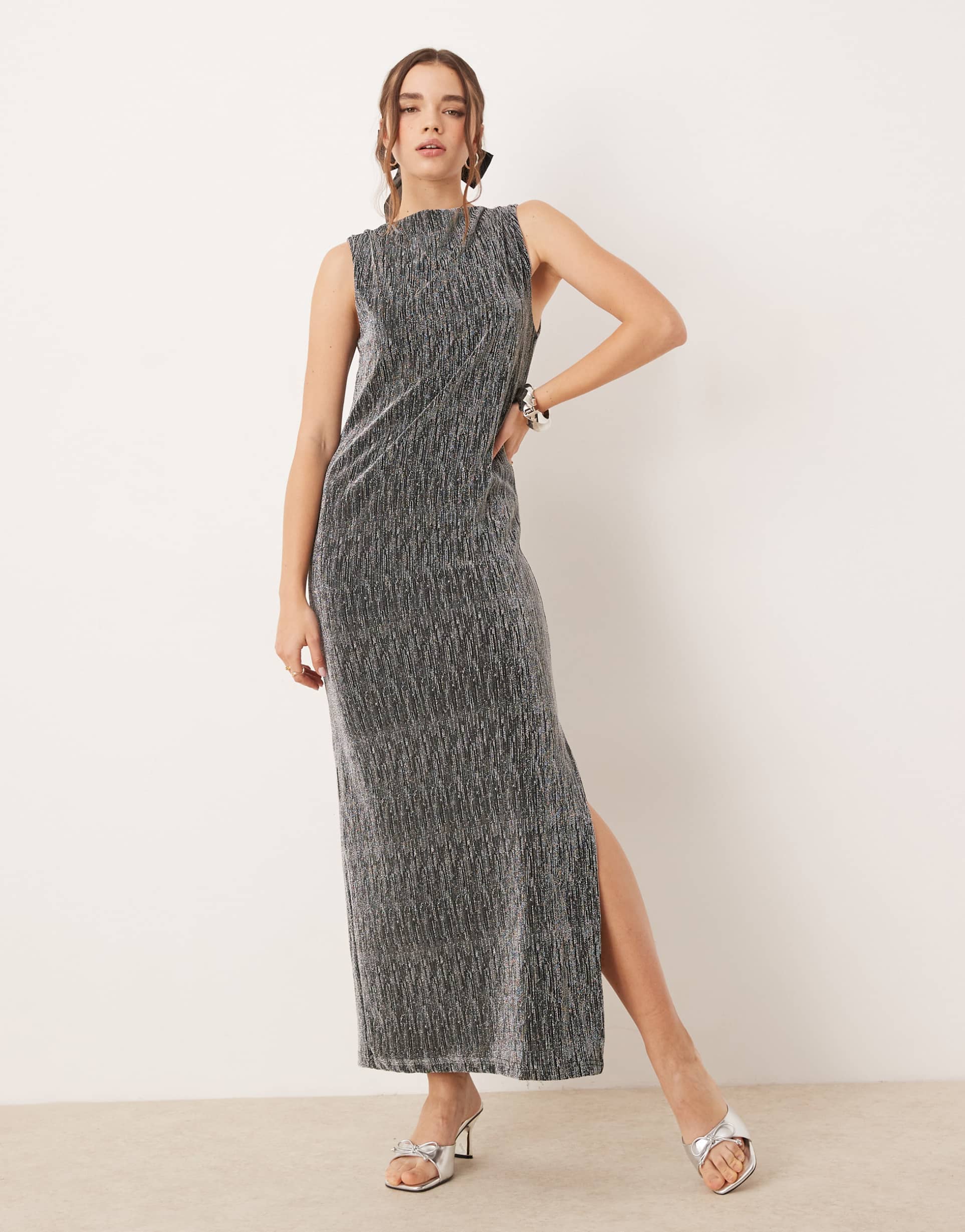 selected femme slit maxi dress in silver