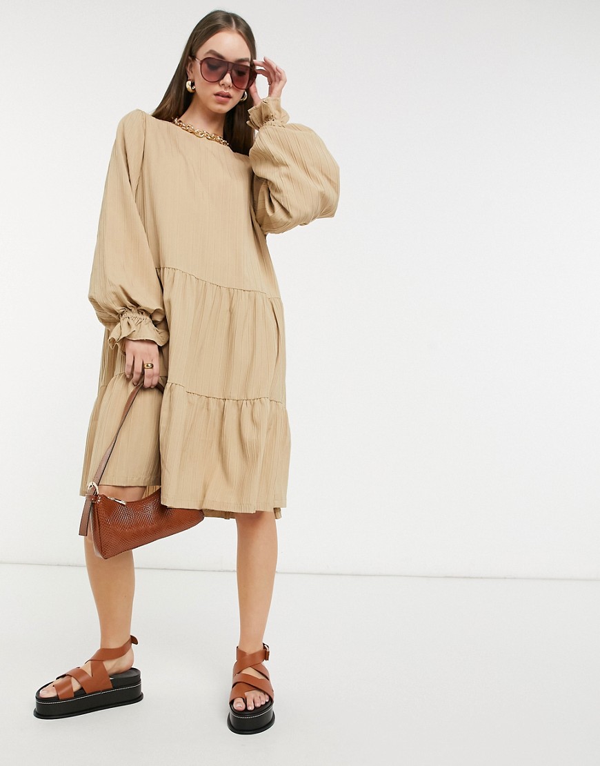 selected femme smock dress with tiering and volume sleeves in beige-neutral