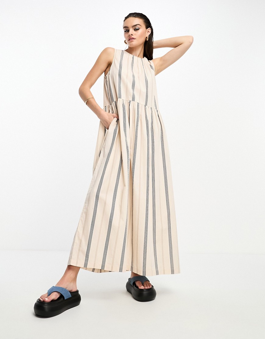 Selected Femme smock maxi dress in beige stripe-Neutral