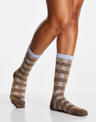 Selected Femme socks in brown and blue check print