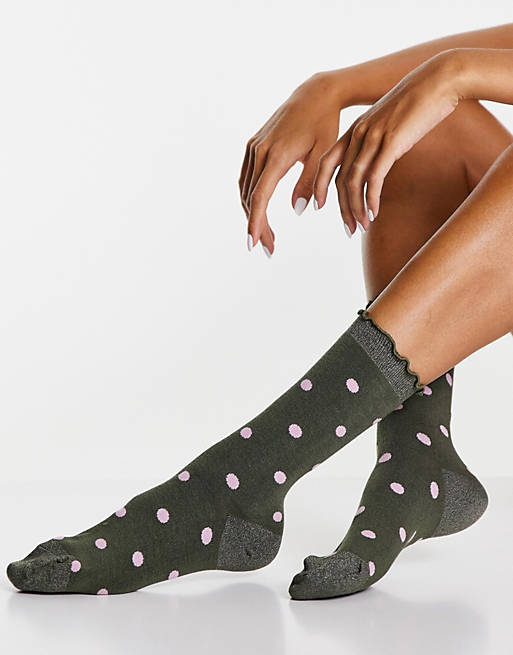 Selected Femme socks in khaki and pink spot print