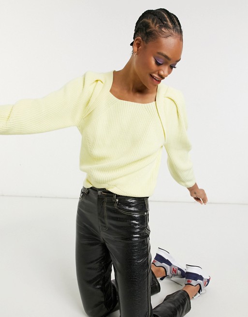 Selected Femme cotton square neck jumper in yellow - YELLOW