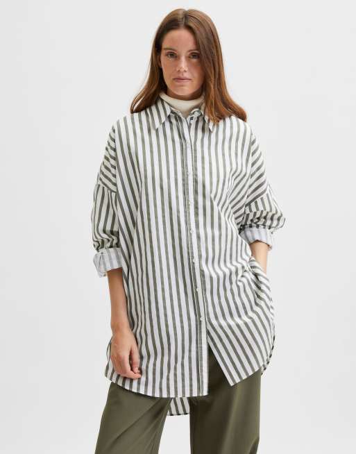 Selected Femme - Stribet longline skjorte i bomuld - KHAKI