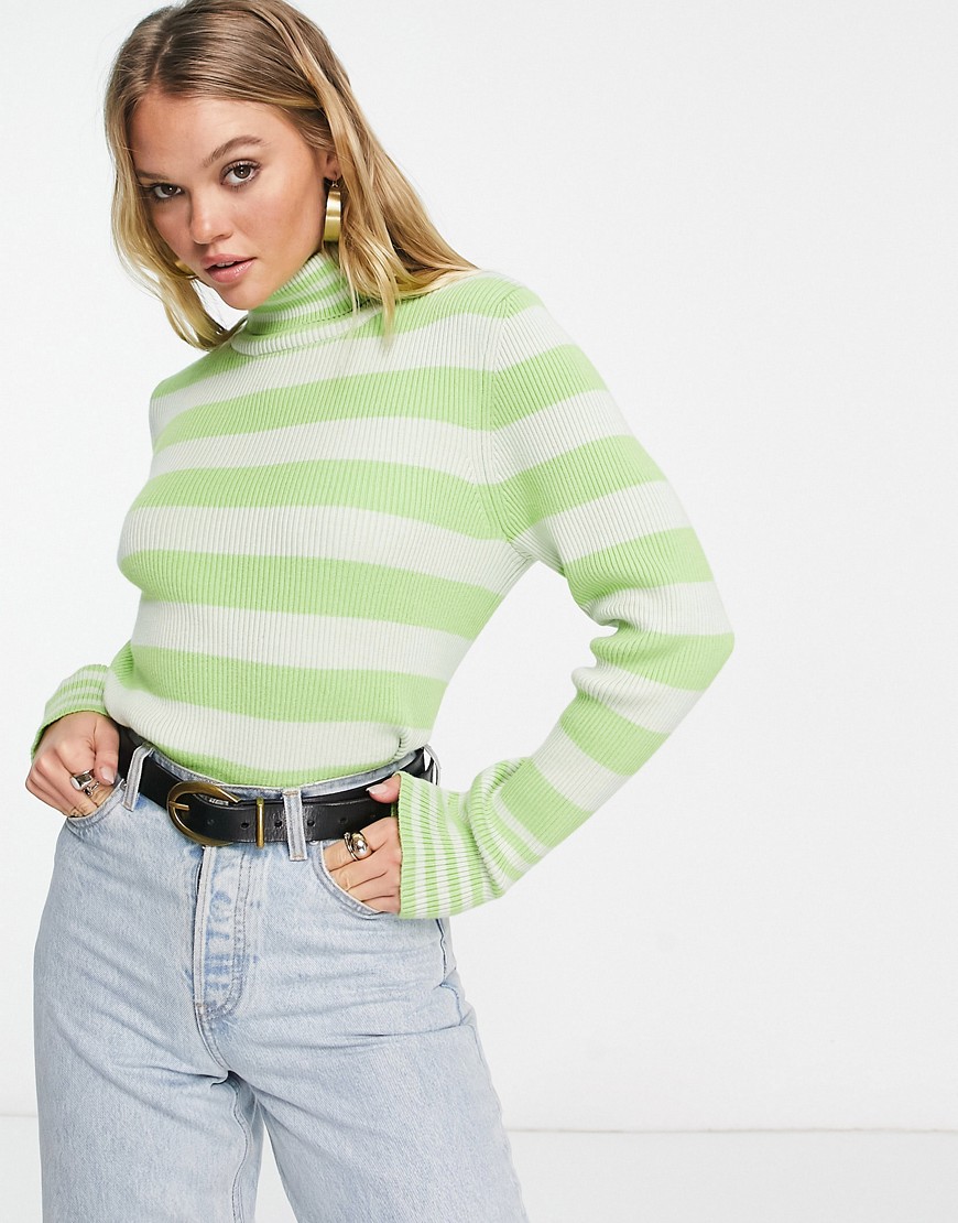 Selected Femme stripe ribbed high neck top with long sleeves in green