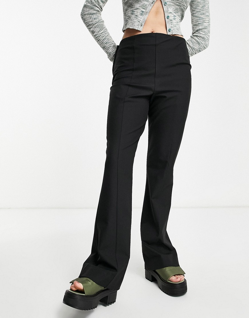 Selected Femme structured flared trousers with pintuck in black