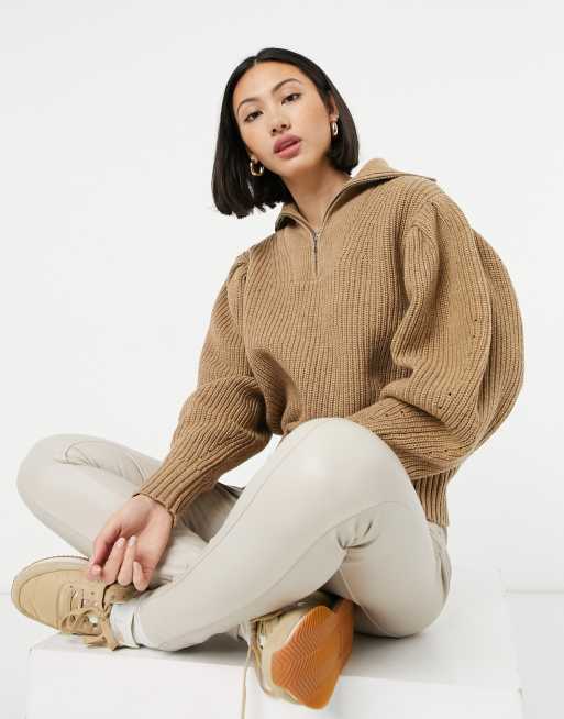 Selected Femme sweater with half zip and exaggerated sleeves in tan