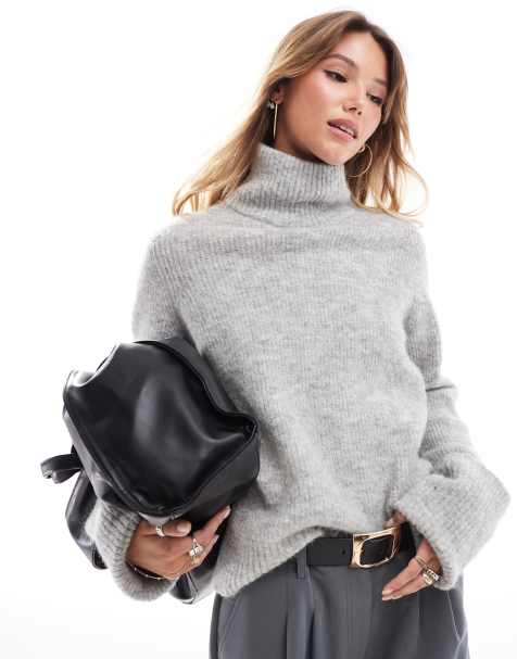 Selected Femme – Szary melanżowy sweter dzianinowy z odwijanym golfem i mankietami - view 1
