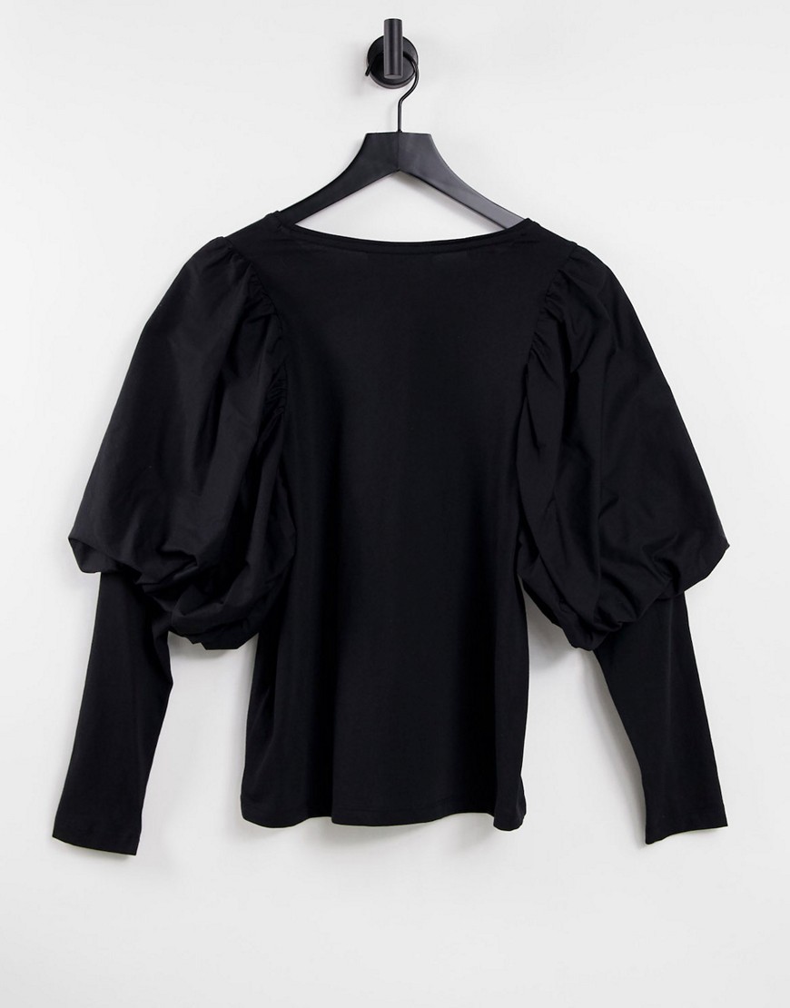 T-shirt a maniche lunghe con maniche voluminose in misto cotone nera - BLACK-Nero - Selected T-shirt donna  - immagine2
