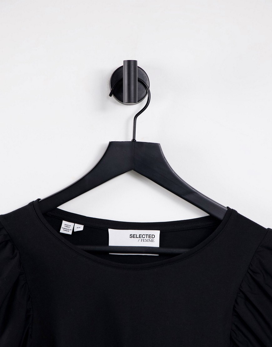T-shirt a maniche lunghe con maniche voluminose in misto cotone nera - BLACK-Nero - Selected T-shirt donna  - immagine1