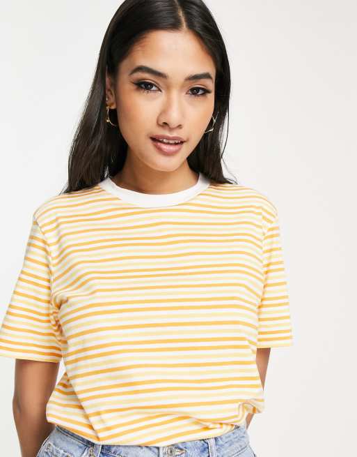 Selected Femme - T-shirt arancione a righe in cotone con scollo rotondo, 3 di 4