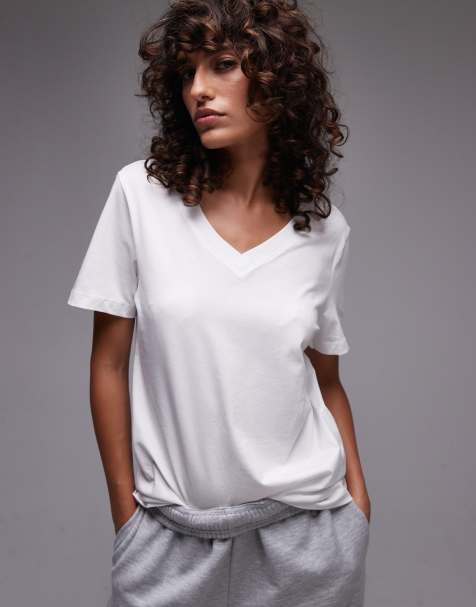 Selected Femme - T-shirt met V-hals en korte mouwen in wit - view 1