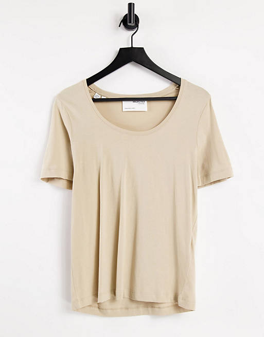 Selected Femme organic cotton round neck t-shirt in beige