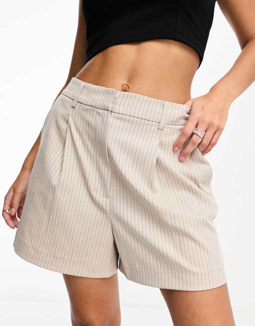 Selected Femme tailored pleat front city shorts in stone pinstripe