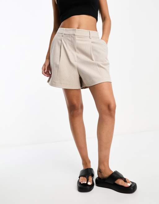 Selected Femme tailored pleat front city shorts in stone pinstripe