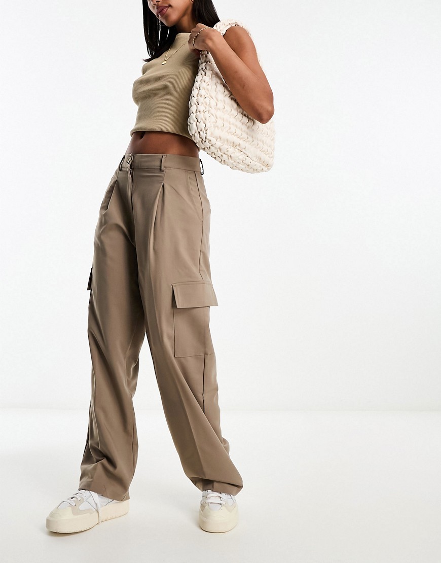 Selected Femme tailored wide leg cargo trousers in desert taupe-Brown