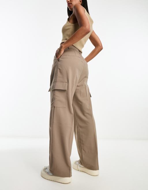 Selected Femme tailored wide leg cargo trousers in desert taupe