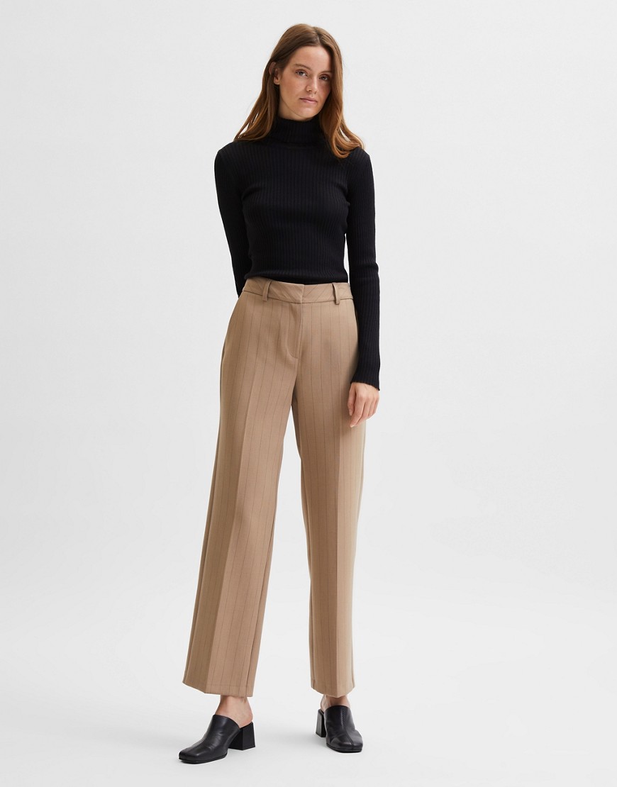 Selected Femme tailored wide leg pants with pin stripe in camel-Brown