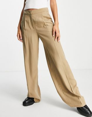 Selected Femme tailored wide leg trousers in tan