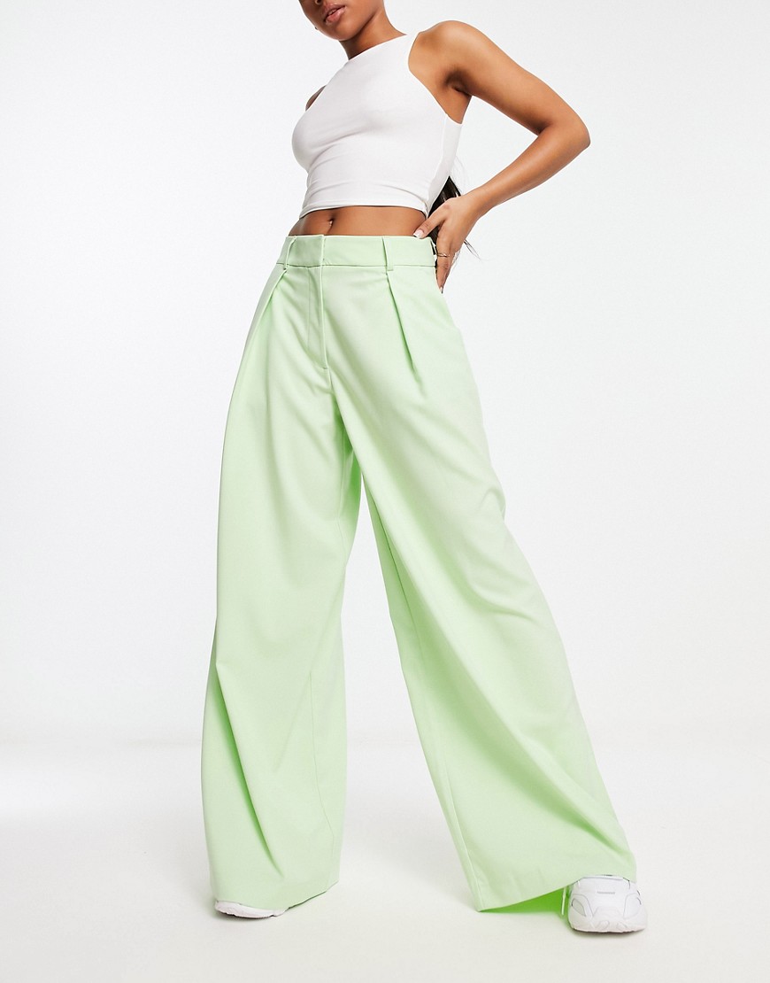 Selected Femme tailored wide leg trousers with pleat front in green