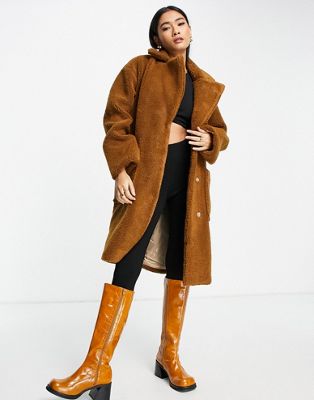 Selected Femme teddy coat with large pockets in tan