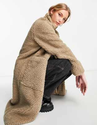 Selected Femme teddy longline coat with oversized pockets and funnel neck in beige