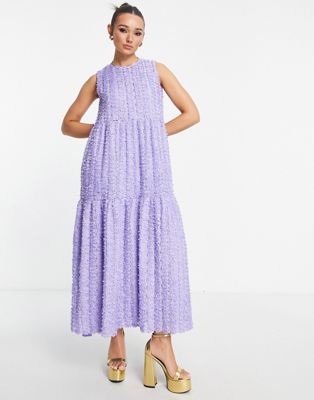 Selected Femme textured floral maxi dress with tiering in violet