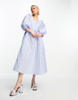 Femme textured jacquard midi dress with square neck in blue