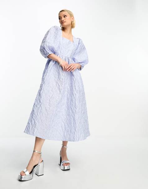 Selected Femme textured jacquard midi dress with square neck in blue - view 1