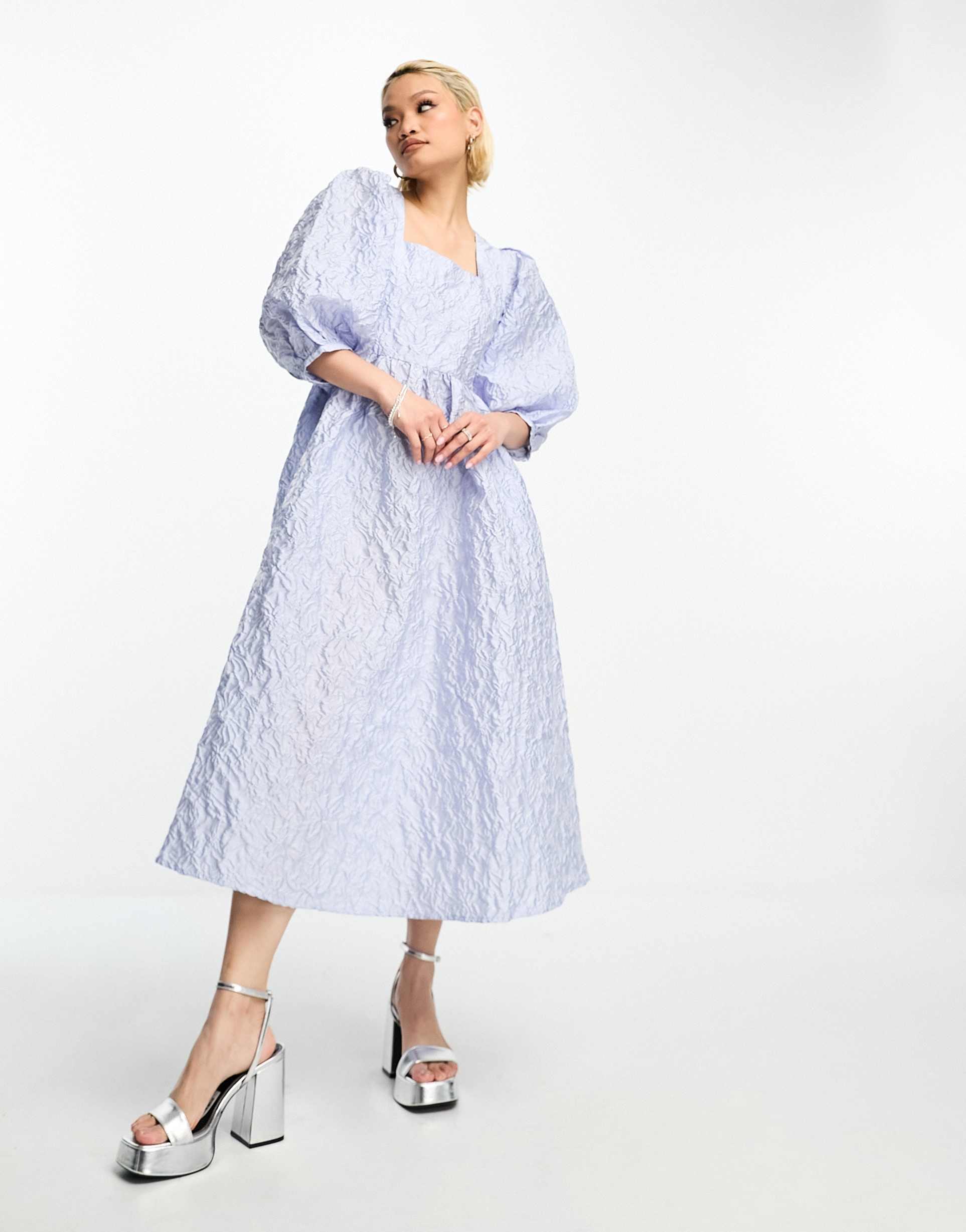 selected femme textured jacquard midi dress with square neck in blue