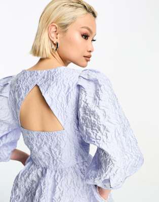 i*2様 Checked Jacquard Volume Sleeve Dres 204572756-1-blue