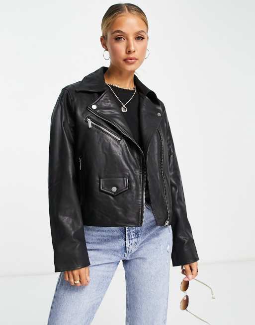 Selected Femme – Ultimate – Jacke aus echtem Leder in Schwarz mit Steppfutter