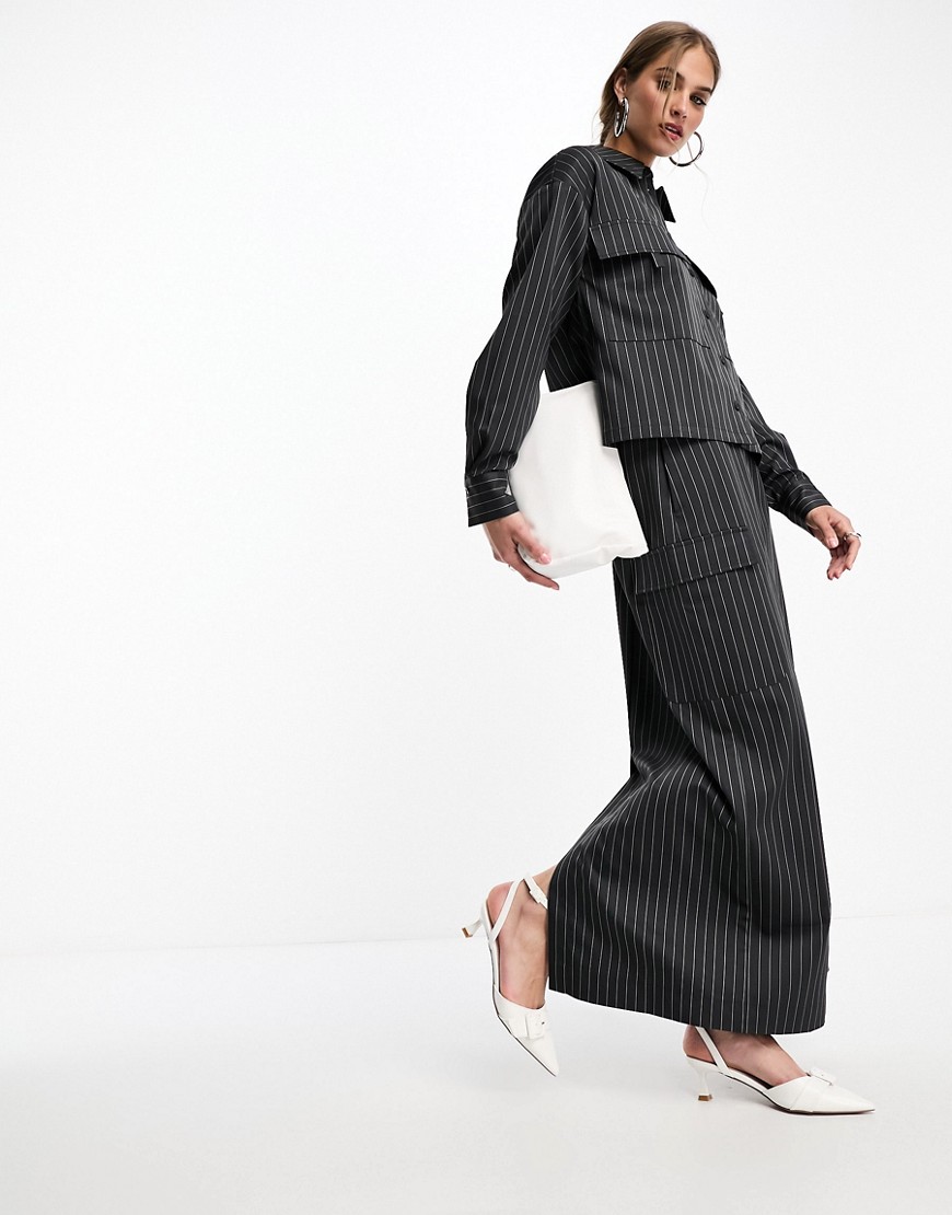 selected femme utility maxi skirt co-ord in grey pinstripe