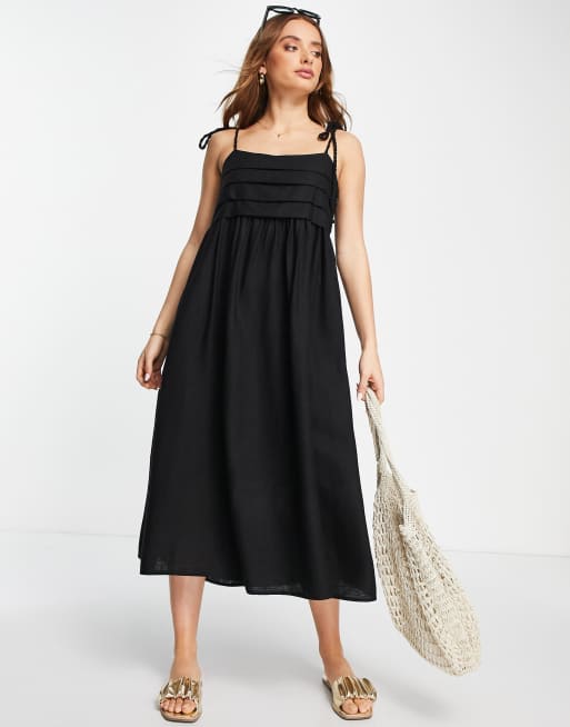 Selected Femme - Vestito canottiera midi nero con pieghe sul davanti e spalline in corda