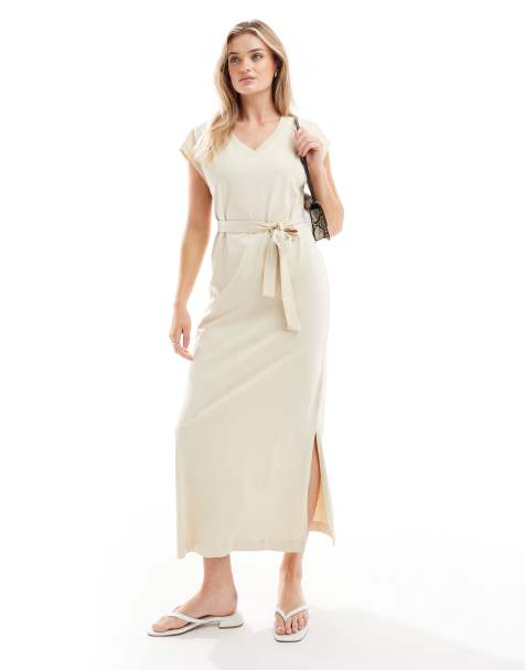 Selected Femme - Vestito lungo in jersey beige con scollo a V - view 1
