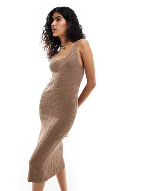 Selected Femme - Vestito midi in maglia marrone a coste 