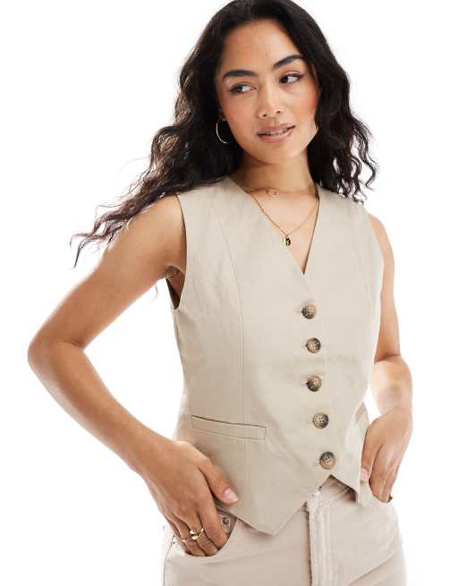 Selected Femme – Weste in Beige mit Leinenhaptik 