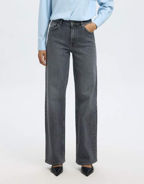 Selected Wide leg jeans in medium grey denim 