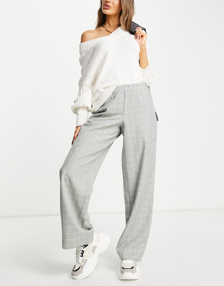 Selected Femme wide leg pants with elasticated waistband in gray check - part of a set-Grey
